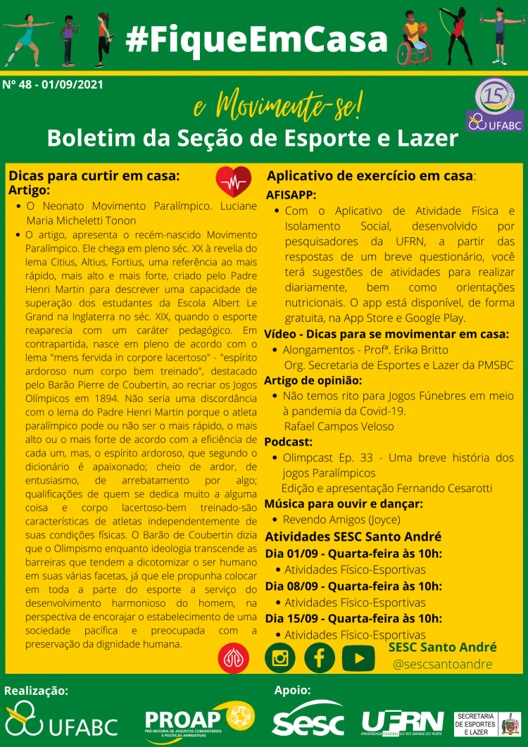 Pró-reitoria de Assuntos Comunitários e Políticas Afirmativas -  #FiqueEmCasa e Movimente-se! - 48º Boletim da Seção de Esporte e Lazer -  01/09/2021